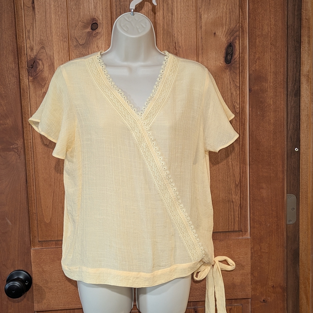 Yellow faux Wrap Blouse with‎ Tie and Flutter Sleeves